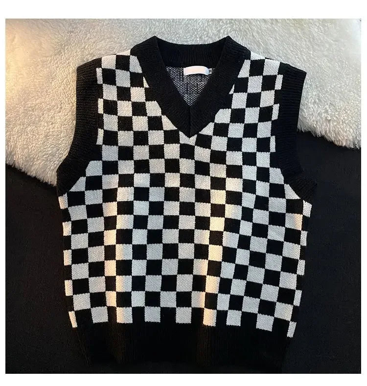 Men's Checkerboard Plaid V-neck Knitted Vest Female Spring Autumn Loose Couple Sweater Coat Sleeveless Vests Casual Tops