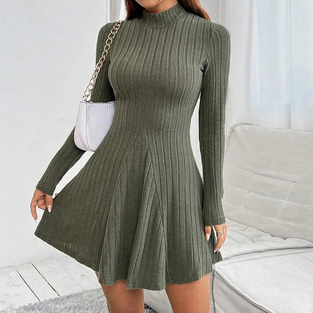 Mia Muse Women's Dress Fall Winter Simple Solid Color Long Sleeve Mock Neck A Line High Waisted Flare Hem Casual Short Dress
