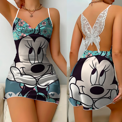 Minnie Mouse Backless Dress Fashion Summer Dresses 2025 Pajama Skirt Bow Knot Mickey Disney Satin Surface Women's Elegant Women