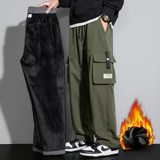 2025 Cargo Pants Men Straight Fit Wide Leg Fleece Lined Trouser Male Winter Fashion Loose Baggy Large Plus Size Warm Streetwear