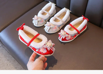 Kids Princess Embroidery Shoes Girls Winter Warm Cotton Shoes Traditional Chinese Style Children Hanfu Performance Flats Shoes