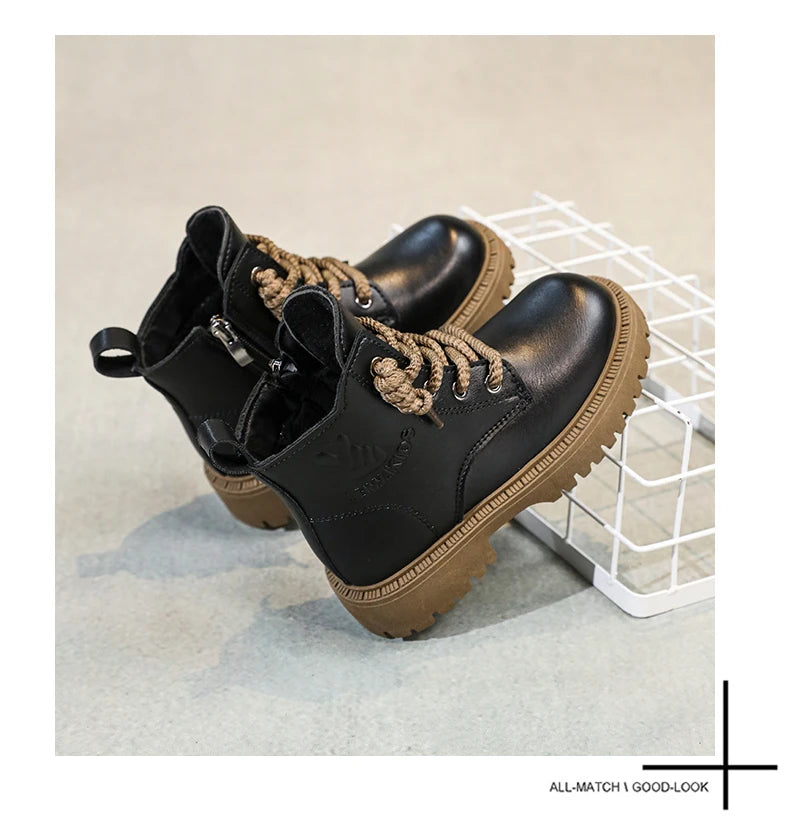 Kid's Winter Cotton Boots Plus Velvet Thickening Water Proof Retro Black Trendy All-match Leather Casual Boys Girls Ankle Boot