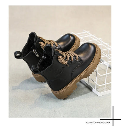 Kid's Winter Cotton Boots Plus Velvet Thickening Water Proof Retro Black Trendy All-match Leather Casual Boys Girls Ankle Boot