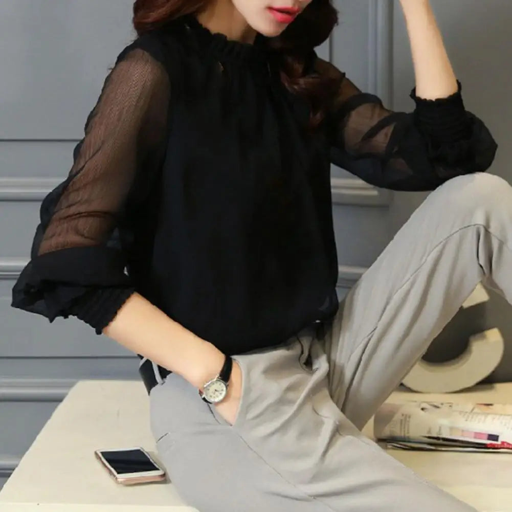 Perspective Net Mesh Sleeve Office Shirt Top Elastic Cuffs Women Shirt Elegant Ruffle Collar Blouse Solid Color Chiffon Shirt