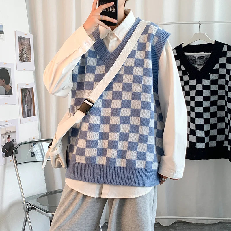 Men Knitted V Neck Japanese Vintage Loose Sleeveless Plaid Vests Chic Pullovers Chaleco Hombre Blue Checkerboard Sweater Vest