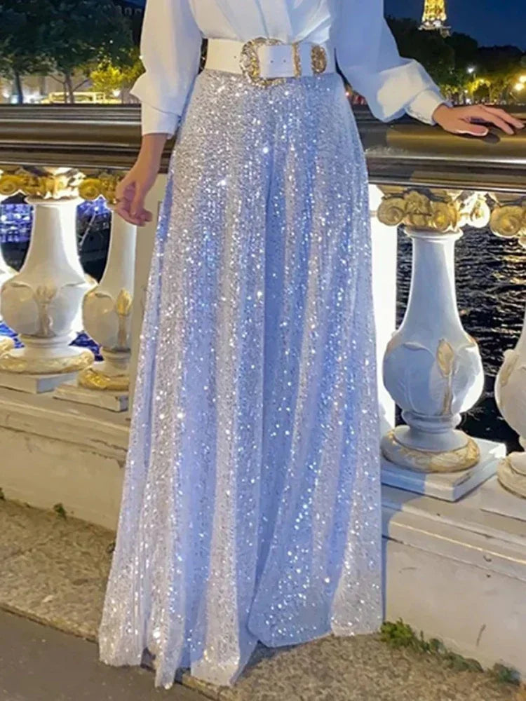 BWQ Splice Sequins Maxi Dresses For Women Fashion Folds Loose V Neck Elegant Dress Femme Party Evening Dresses Luxury 2025