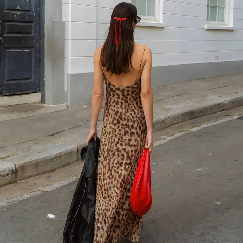 Vintage Leopard Print Chiffon Sexy Cami Dress Women V Neck Sleeveless Party Dress Fashion 2025 Summer Streetwear Dress