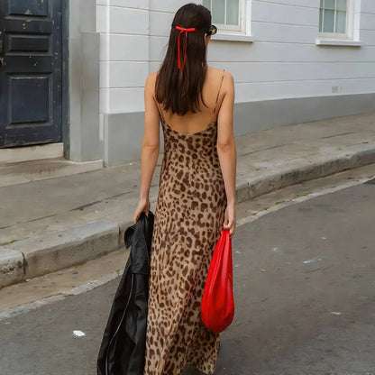 Vintage Leopard Print Chiffon Sexy Cami Dress Women V Neck Sleeveless Party Dress Fashion 2025 Summer Streetwear Dress