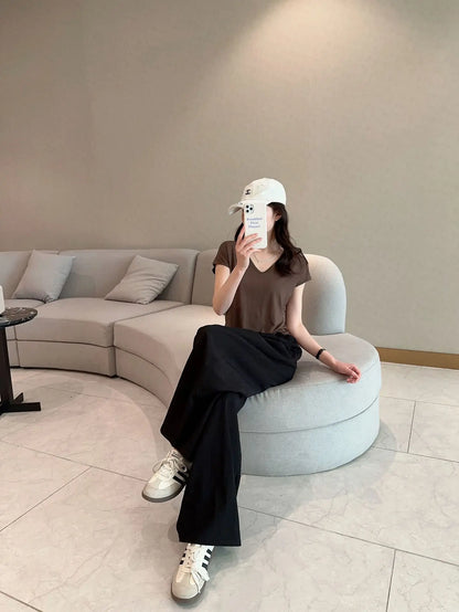 Modal Home wear 2pcs set V-Neck T-shirt sleeveless and Pants summer women's Loose sleepwear suits Solid color Casual Pajamas sets
