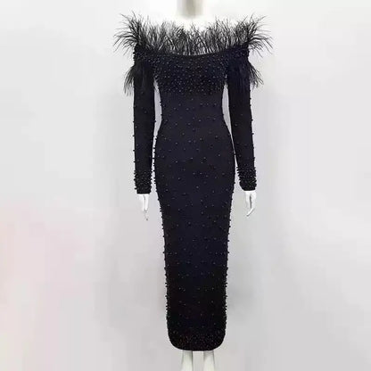 Luxury Feather Beading Party Dress For Women Sexy Off Shoulder Long Sleeve Elegant Bodycon Formal Event Evening Wedding Robes