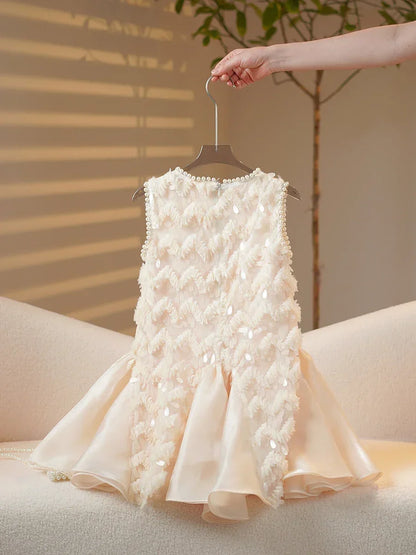 2025 Girls New High-end Dress Costumes Formal Clothes Beige Summer Matching Clothes White Short Sleeves Princess Party Wedding