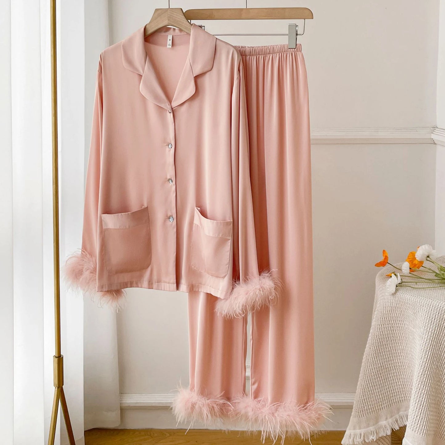 Spring Autumn Female Pajamas Trouser Set Luxury Feather Pink Bride Wedding Sleep wear Gift Sexy Loose Satin Home Wear Lounge wear