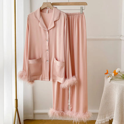 Spring Autumn Female Pajamas Trouser Set Luxury Feather Pink Bride Wedding Sleep wear Gift Sexy Loose Satin Home Wear Lounge wear