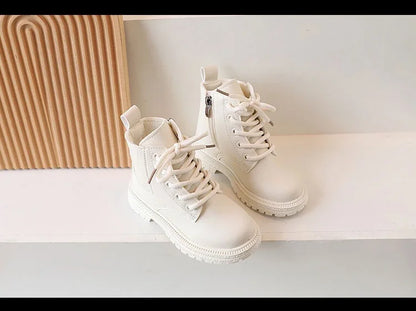 2025 Beige Girls Boots Side Zipper Simple Non-slip Casual Kids Shoes Versatile Soft Boys Britain Style Children Short Boots PU