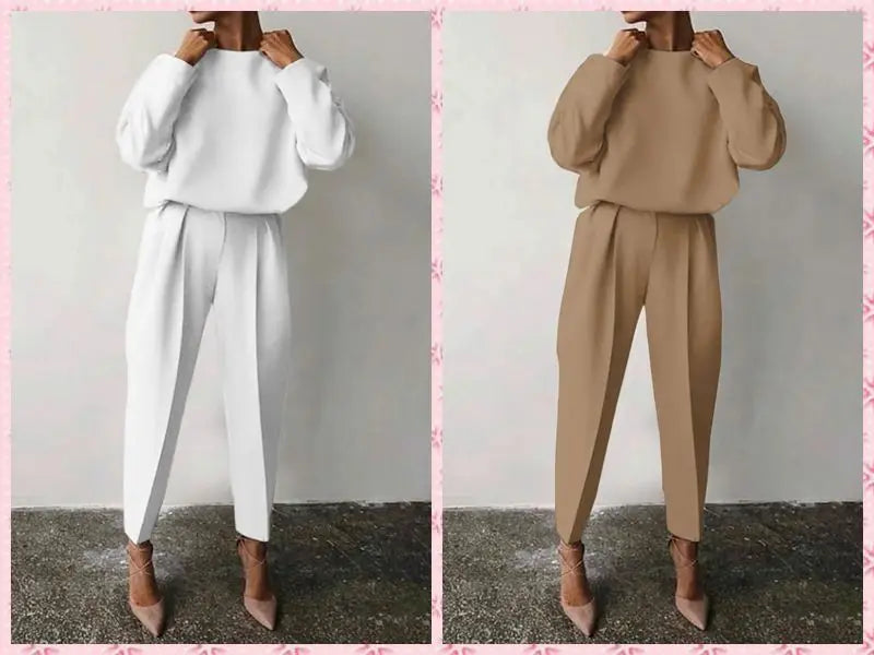 Women Elegant Solid Color Two Piece Sets Casual O Neck Pullover Full Sleeve Tops + Pants Suit 2 Piece Set Woman Fashion Outfits