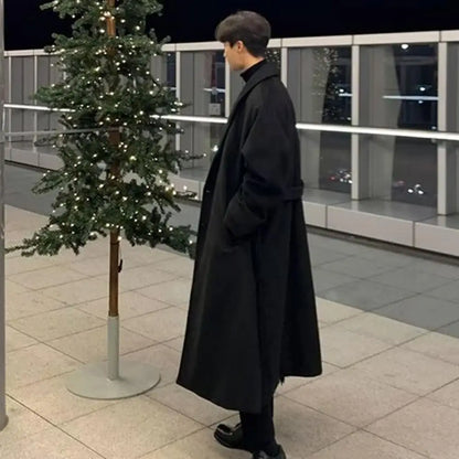 Korean Trend Men's Loose Casual Single-breasted Overcoat Autumn Winter Fashion New Long Sleeve Woolen Long Coat