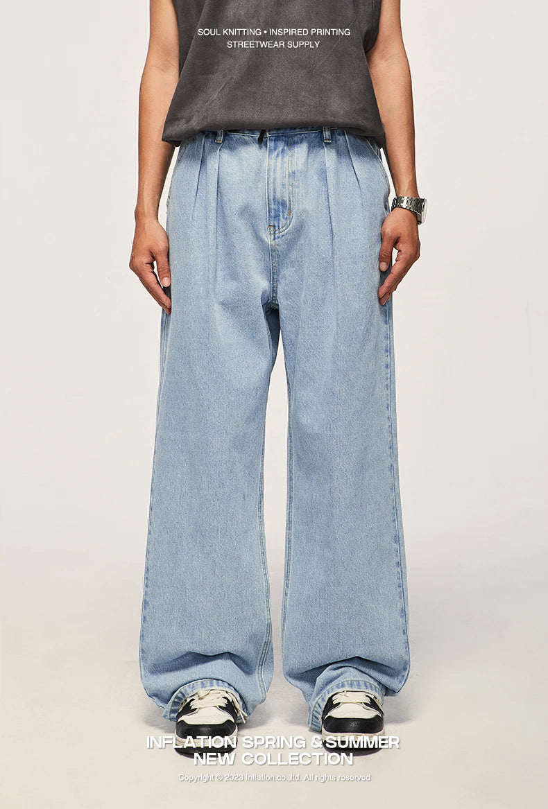 INFLATION Brown Retro Washed Denim Pants Unisex Classic Straight Leg Jeans Male Trouser Plus Size