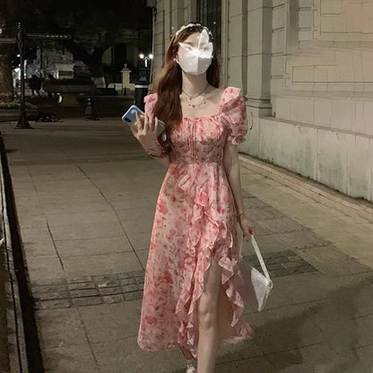 Short Sleeve French Elegant Dress Beach Floral One Piece Beach Midi Dress