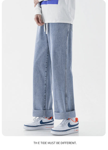 Spring Men Baggy Washed Jeans Drawstring Wide Leg Cargo Denim Pants Fashion Casual Trousers Male Designer Clothing Blue Black