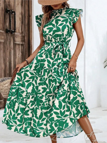 Elegant Women's Flower Midi Dress New Summer Fashion Stand Collar Flying Sleeve Lace Up Dress Casual Beach Holiday Dresses Robe