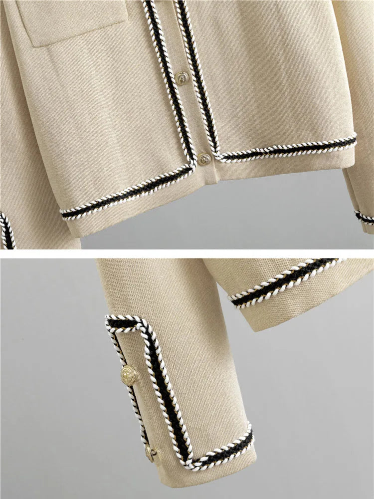 Women Casual Knitted 2 Pieces Sets Korean Cropped Knitwear Sweater Cardigan Tops Conjuntos High Waist Ankle Length Pants Suits