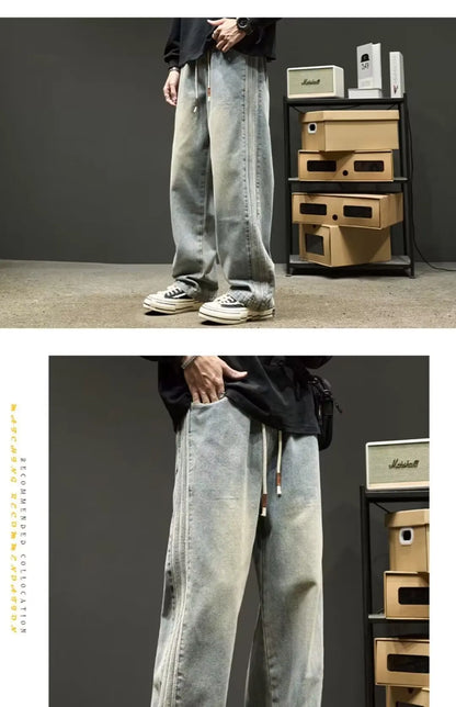 New American Retro Black Straight-leg Jeans For Men High-street Washed Fashionable Loose Wide-leg Floor-length Trousers Clothing