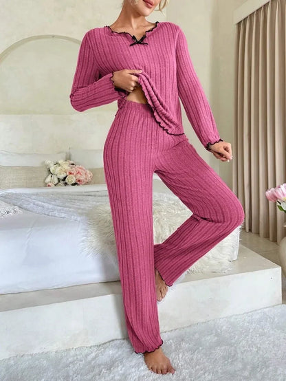 Women Autumn Winter Sleepwear Ribbed Pajamas Set Long Sleeve Top and Long Pants 2 Piece Set Casual Home wear Loungewear