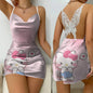 Mini Dress Pajama Skirt Hello Kitty Sexy Dresses Off Shoulder Bow Knot Satin Surface Women's Fashion Summer 2024 Short Party Lace