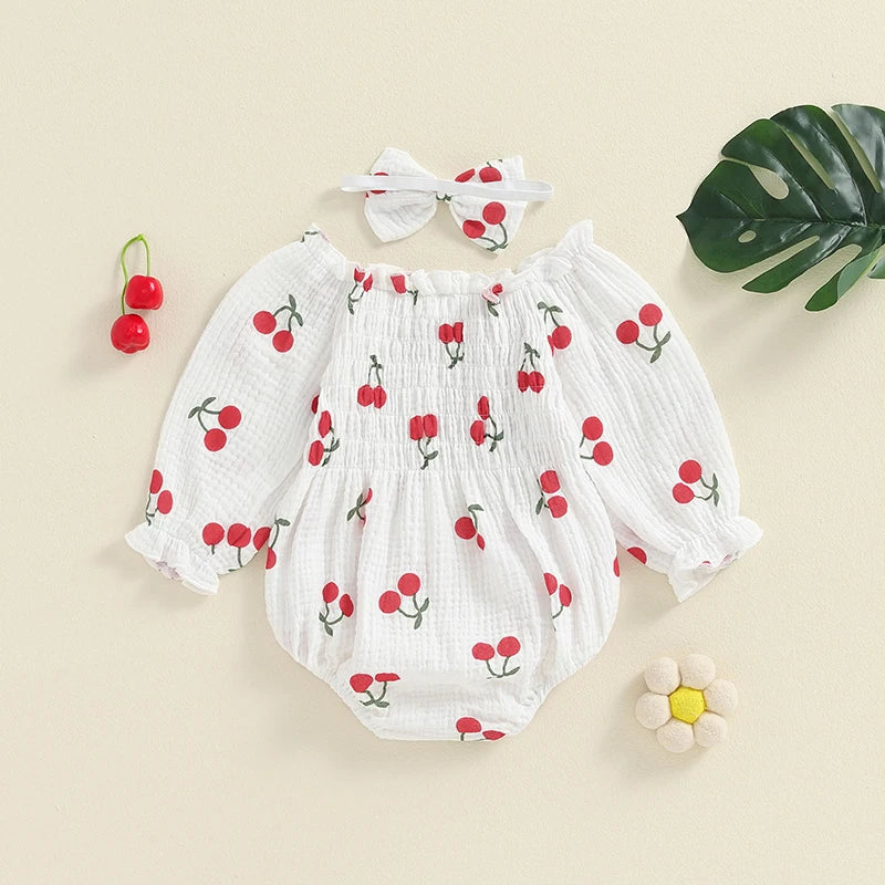 Tregren Infant Baby Girls Valentine's Day Romper Heart Print Long Sleeve Boat Neck Jumpsuits Spring Fall Bodysuits with Headband