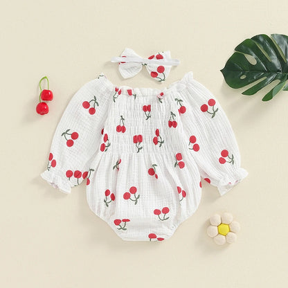 Tregren Infant Baby Girls Valentine's Day Romper Heart Print Long Sleeve Boat Neck Jumpsuits Spring Fall Bodysuits with Headband