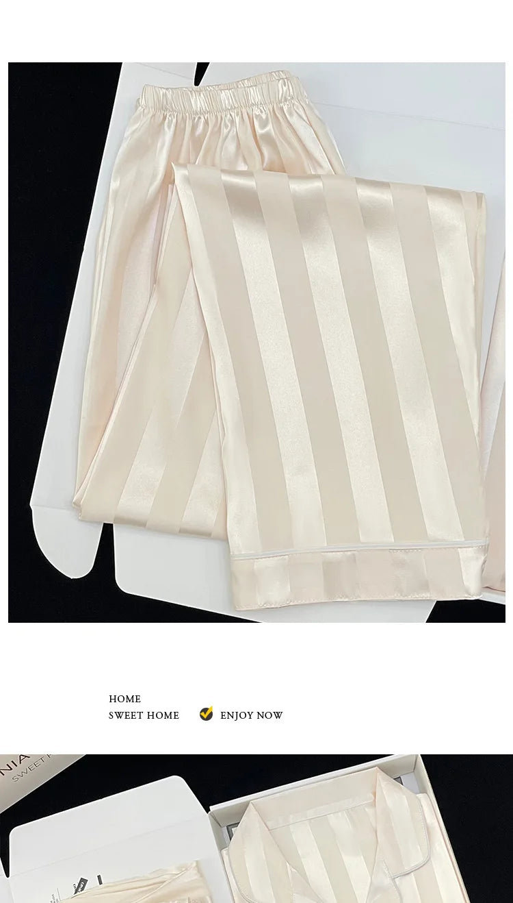 Women's Pajamas Sets Spring Autumn 2 Piece Striped Pajama Faux Silk Satin Sleepwear Long Sleeve Button Pajama Mujer Pjs Home wear