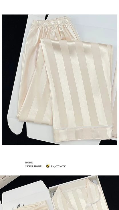 Women's Pajamas Sets Spring Autumn 2 Piece Striped Pajama Faux Silk Satin Sleepwear Long Sleeve Button Pajama Mujer Pjs Home wear