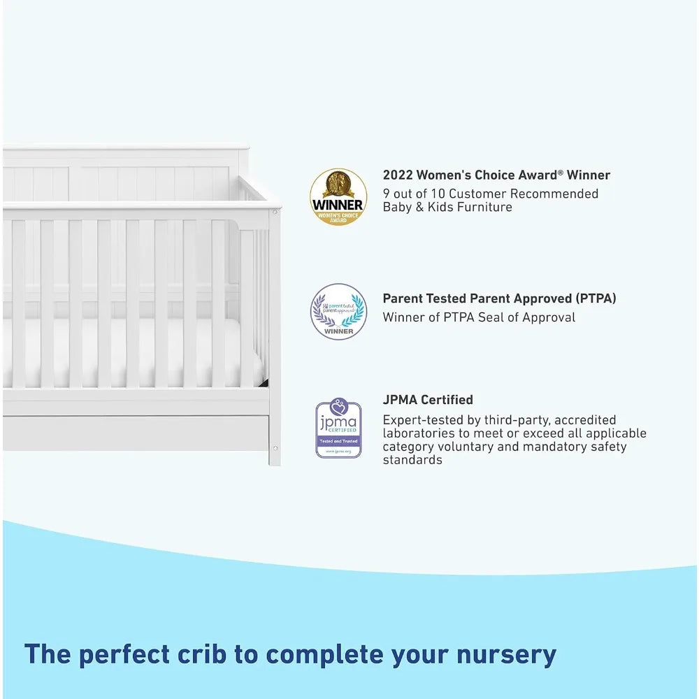 Hadley 5-in-1 Convertible Crib with Drawer (White) – GREENGUARD Gold Certified, Crib with Drawer Combo