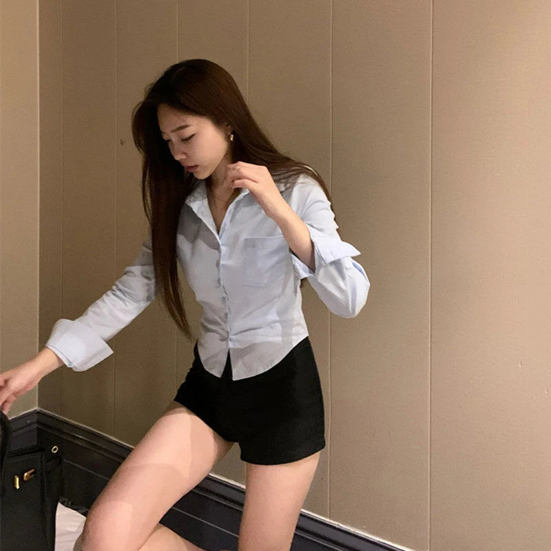 Korean White Office Women Chiffon Shirt Pocket Button Lapel Ladies Blouse Spring Commuter Long Sleeve New Female Crop Tops