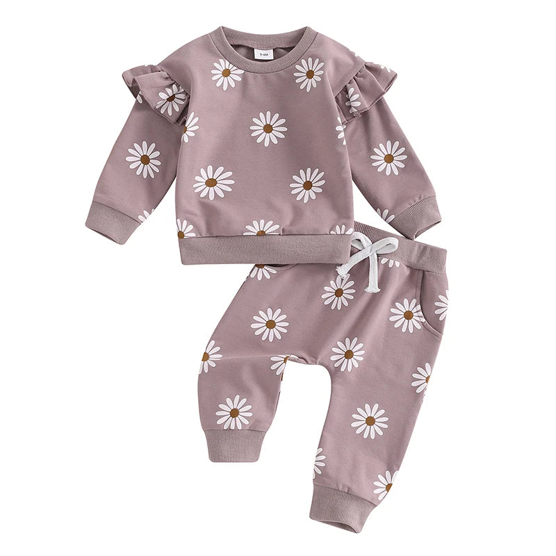 2025 Lorrainian Toddler Girl Fall Outfit Daisy Print Long Sleeve Sweatshirt with Elastic Waist Pants 2 Pcs Set