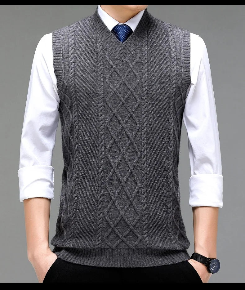 Stylish V-neck Jacquard Knit Sleeveless Sweater Vest for Men Middle-aged Men Fashion Solid Color Warm Top
