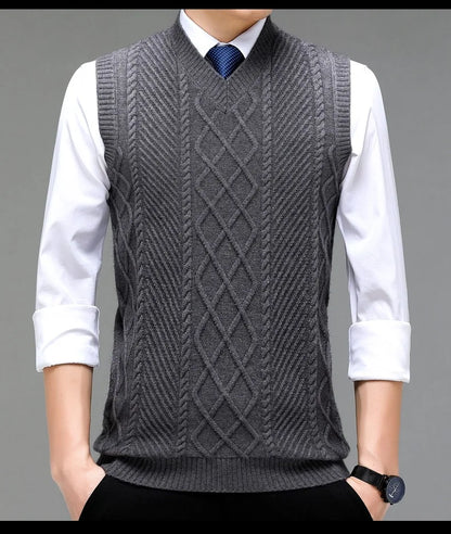 Stylish V-neck Jacquard Knit Sleeveless Sweater Vest for Men Middle-aged Men Fashion Solid Color Warm Top
