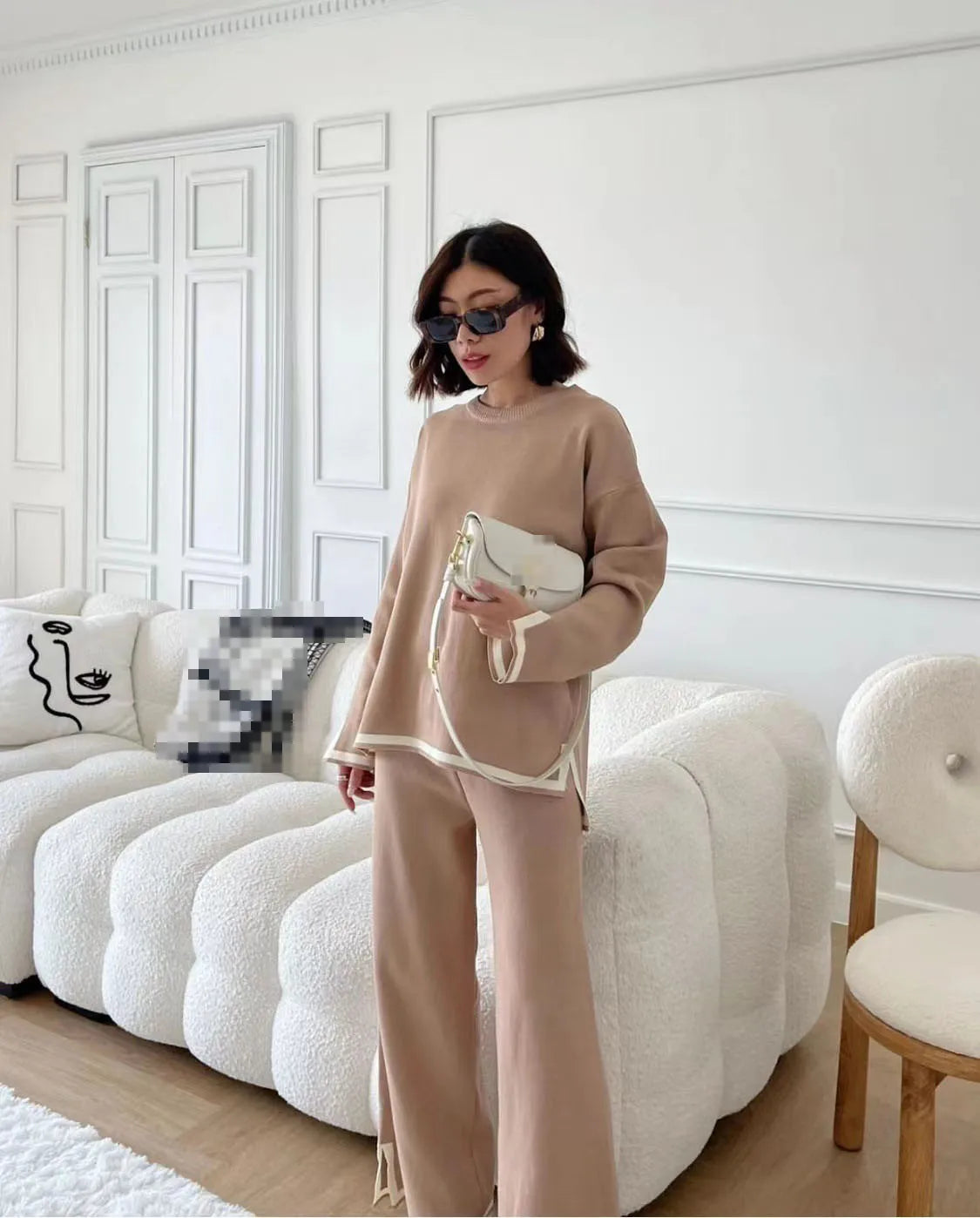Autumn Women's Clothing Fashion Set Contrasting Color Split Long Sleeved Knitted Shirt High Waist Wide Leg Pants Two-piece Set