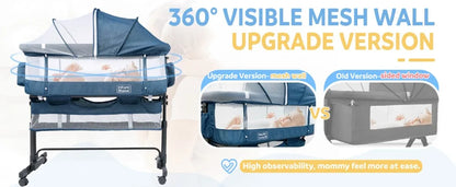 3 in 1 Baby Bassinet, Upgraded Beside Crib with 360° Highly Visible Mesh wall, Comfy Co-sleeper Bassinet with mattress, 5 Level