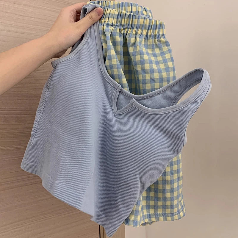 Floral Elastic Waist Pajama pants Vest With bra pads Chest Pajama Pants Home Pants Set Pajamas women high value