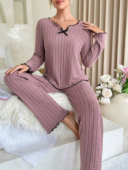 Women Autumn Winter Sleepwear Ribbed Pajamas Set Long Sleeve Top and Long Pants 2 Piece Set Casual Home wear Loungewear