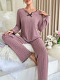 Women Autumn Winter Sleepwear Ribbed Pajamas Set Long Sleeve Top and Long Pants 2 Piece Set Casual Home wear Loungewear