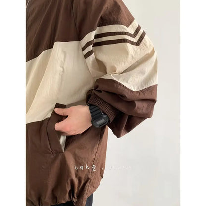 Men Jackets Hooded Baggy Patchwork Contrast Color Fashion Comfortable Waterproof Leisure Daily Retro Outer Japanese Style Chic