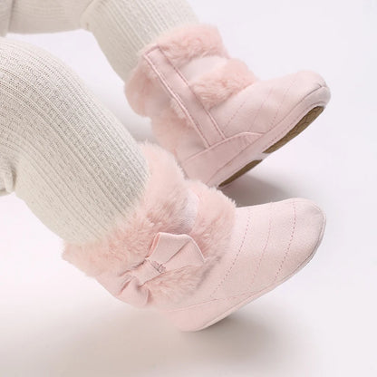 Cute Bowknot Comfortable Boots For Baby Girls Soft Warm Plus Fleece Boots For Indoor Walking Autumn And Winter