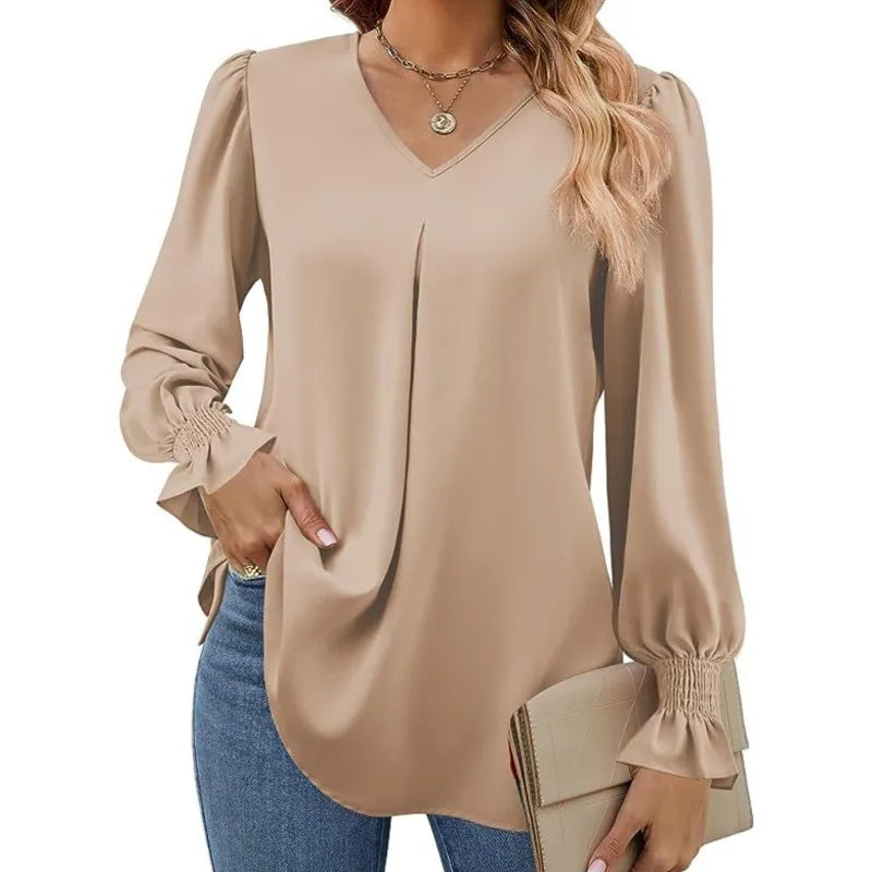 Women's New Solid Color Chiffon Shirt V-neck Pullover Flared Long Sleeved Top Shirt Office Lady Elegant Khaki Loose Blouse