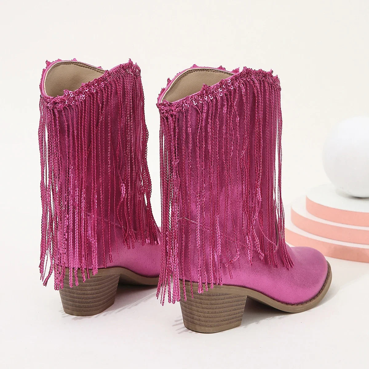 Children Boots Versatile Tassels Pink Elegant 2024 New Performance Girls Boots Low Heels Shiny Solid Color Britain Princess Boot