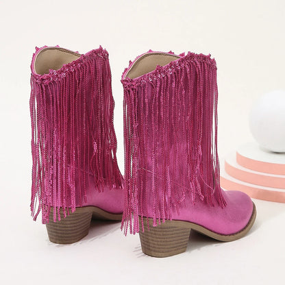 Children Boots Versatile Tassels Pink Elegant 2024 New Performance Girls Boots Low Heels Shiny Solid Color Britain Princess Boot