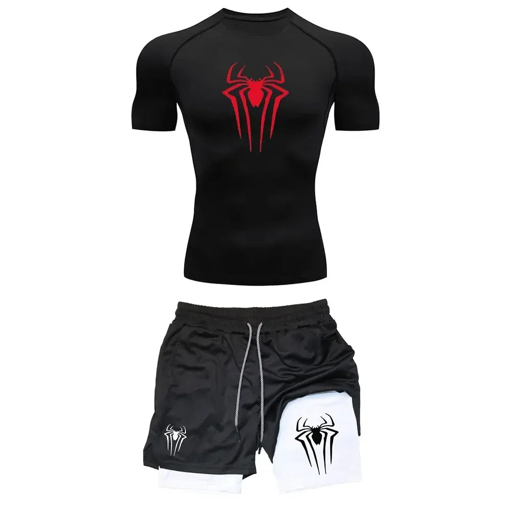 Men's Workout Compression Set Y2K Spider Printed Gym T-shirts Breathable Running Shorts Quick Dry Sports Rash Guard Sportwear Set