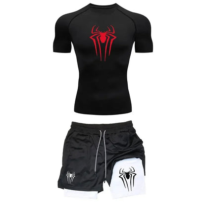Men's Workout Compression Set Y2K Spider Printed Gym T-shirts Breathable Running Shorts Quick Dry Sports Rash Guard Sportwear Set