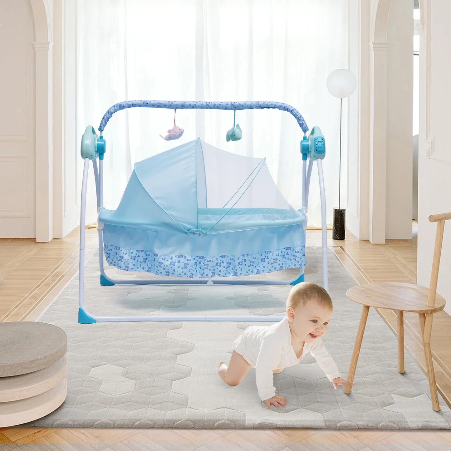 Electric Baby Crib Cradle Auto-Swing Newborn Sleep Bed Infant with Bluetooth blue with Chair + Music + Mat + Net